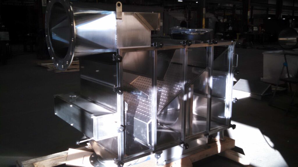 Completed Samsung DeDuster® stainless steel system polished to showroom-quality finish by GSM Industrial Lancaster PA, ready for shipment to Samsung electronics manufacturing facility in South Korea
