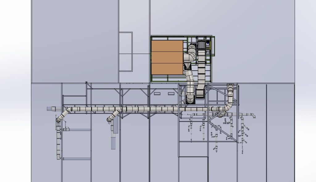 Top-view 3D engineering design of GSM Industrial's custom dust collection system in Berks County, showing extensive ductwork layout, structural support framework, and collector positioning optimized for facility space constraints.