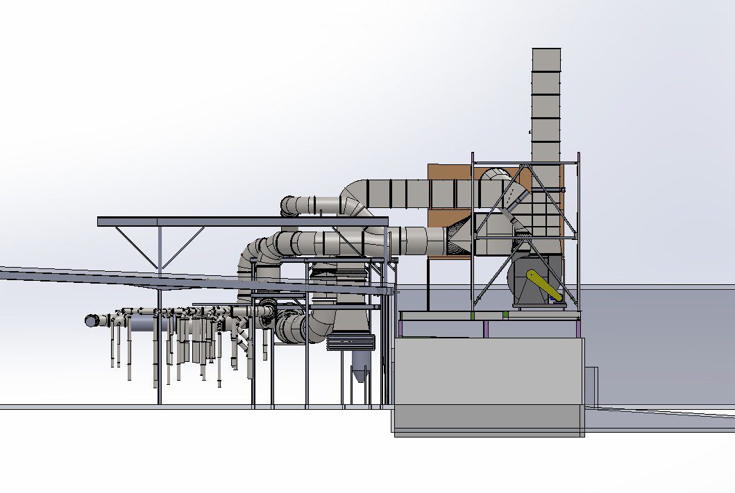 Side elevation view of the industrial ventilation system design showing the 56-foot dust collector installation with exhaust stack, custom fabricated ductwork connections, and structural steel supports engineered by GSM Industrial