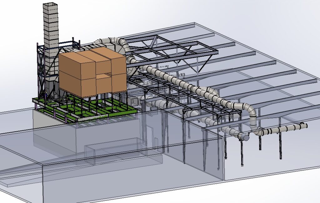 Exterior perspective of the custom-engineered dust collection system featuring the 25-foot exhaust stack, large-capacity collector unit, and extensive network of fabricated ductwork designed to optimize airflow efficiency while minimizing facility footprint