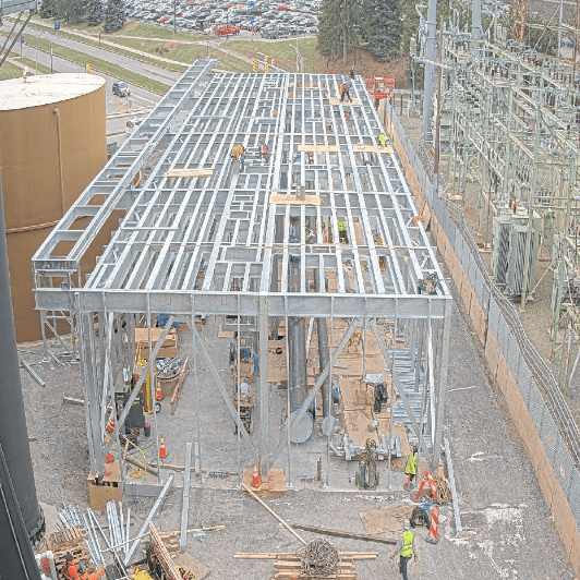 GSM Industrial field crew day 1 at University of Rochester campus hospital cooling tower basin install Jan 2026