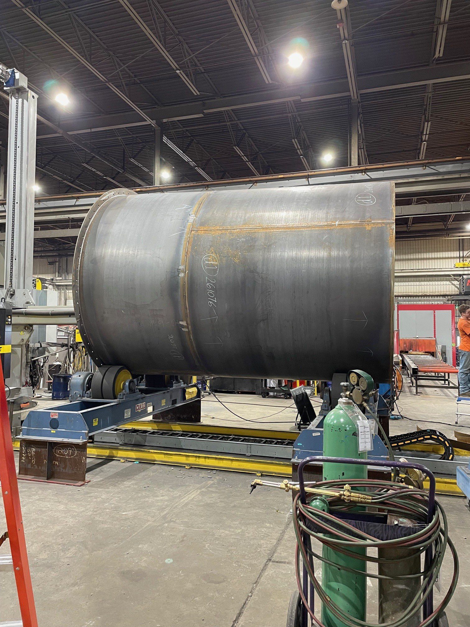 110-inch carbon steel bypass duct on turning rolls in GSM Industrial fabrication shop Lancaster PA